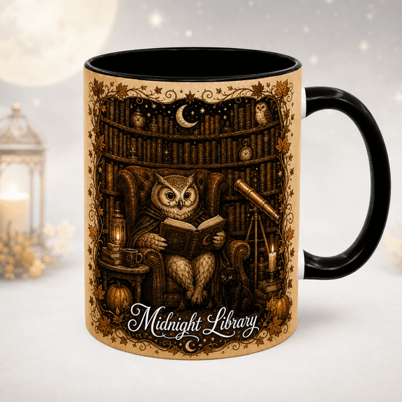 Mug Owl Midnight Library Ceramic Coffee Cup for Fall Reading and Halloween Fans