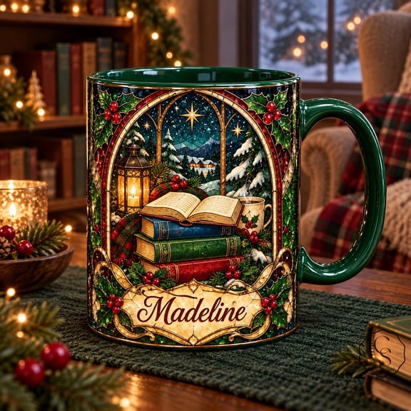 Mug Personalized Christmas Book Stack for Cozy Reading, Holiday Gift for Bibliophiles