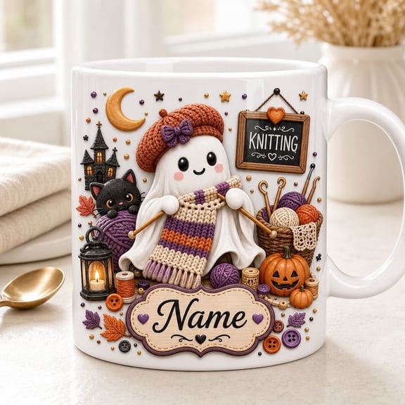 Mug Personalized Halloween Knitting Ceramic Coffee Cup Gift for Knitters