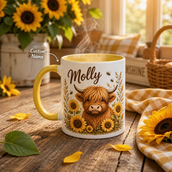 Mug Personalized Highland Cow Sunflower Coffee Cup with Custom Name Gift for Cow Lovers