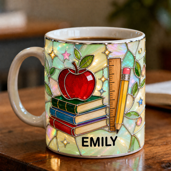 Mug Personalized Stained Glass Apple Ceramic Coffee Cup for 3rd Grade Teacher