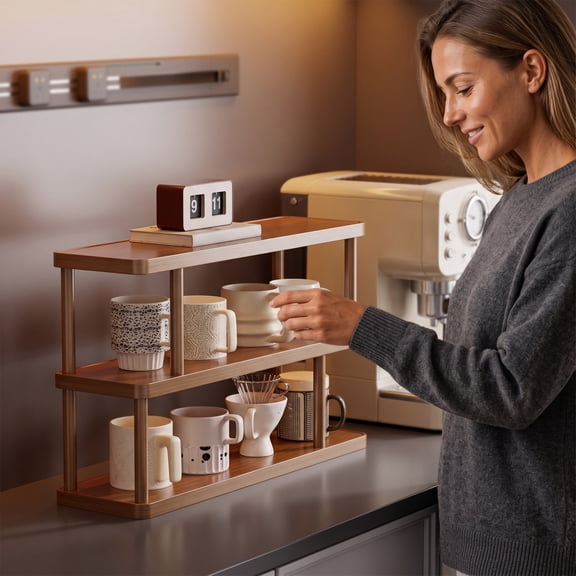 Mug Rack 3-Tier Solid Wood Desktop Storage Organizer, Multipurpose Countertop Coffee Mug Holder, Space Saving Display Shelf for Kitchen Office Living Room Decor