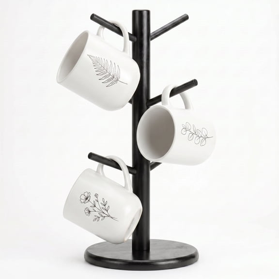 Coffee Mug Tree for Countertop with 6 Hooks, Space Saving Mug Holder Organizer with Stable Base for Coffee Bar, Kitchen and Office-Black