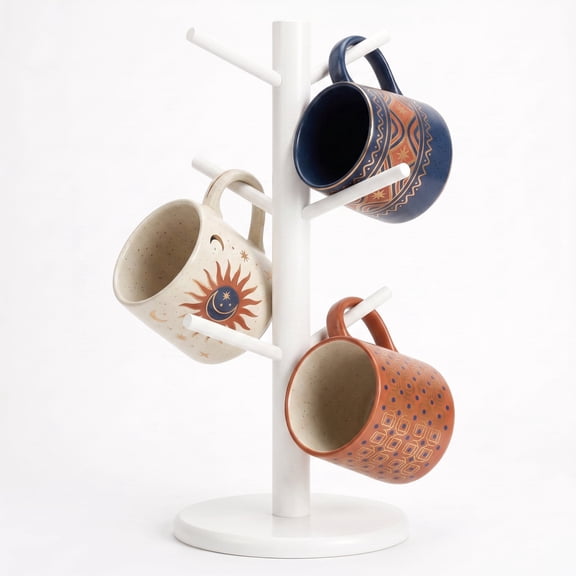 Wisucart Coffee Mug Tree for Countertop with 6 Hooks, Space Saving Mug Holder Organizer with Stable Base for Coffee Bar, Kitchen and Office-White