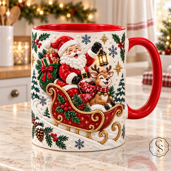 Mug Santa and Reindeer Sleigh for Festive Drinks, Holiday Gift for Coworkers