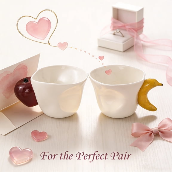 Couple's Coffee Cup Set , 2 Piece Ceramic Creative Mugs with Apple & Banana Handles, Valentine's Day Gift