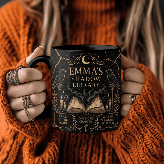 Mug Shadow Library Personalized Name Coffee Cup for Book Lovers and Gothic Readers