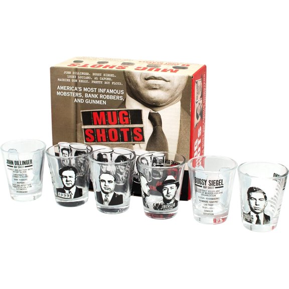 Mug Shots - 6 Piece Shot Glass Set of Famous Gangster Mugshots - Comes in Colorful Gift Box