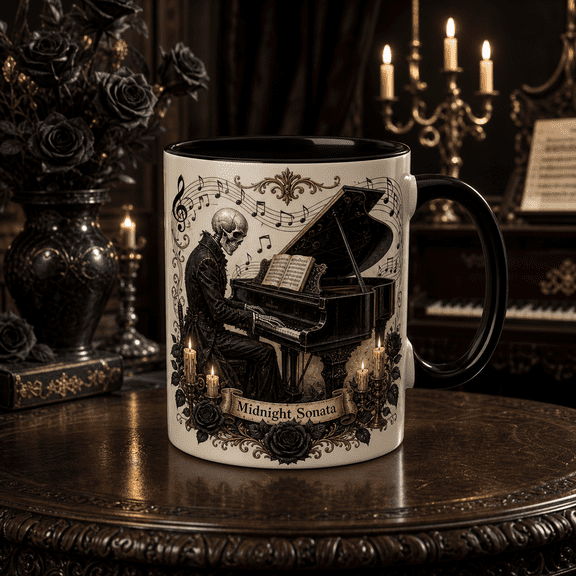 Mug Skeleton Pianist Ceramic Coffee Cup for Gothic Music Lovers
