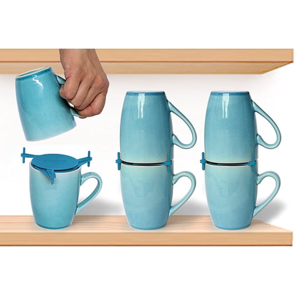 Mug Stacker 6-Pack  Coffee Bar Cup Holder & Cabinet Mug Organizer | Adjustable Stackable Mug Rack for Mugs & Glasses  Compact No Drilling Storage for Small Kitchens  Blue