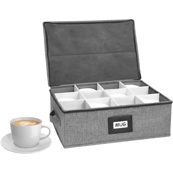 Mug Storage Box with 12 Compartments, Gray Hard Shell Container, Padded Dividers, Dual Handles, Zipper Lid for Coffee Cup Organization and Moving (1, Coffee Cup Storage Box)