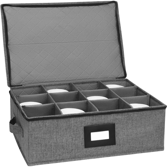 Mug Storage Box with Dividers, China Cup Storage Containers for Tea Cups and Coffee Mugs with Zipper Lid and Rivet Reinforced Handles, Hard Shell and Stackable (Black)