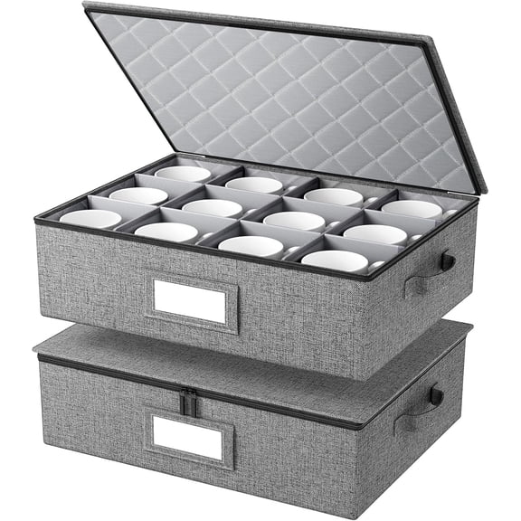 Mug Storage Box with Hard Shell and Dividers, Stackable China Storage Organizers for Moving, Holds 12 Coffee Mugs, Tea Cups, Glasses for Home Kitchen, 2 Pack Grey