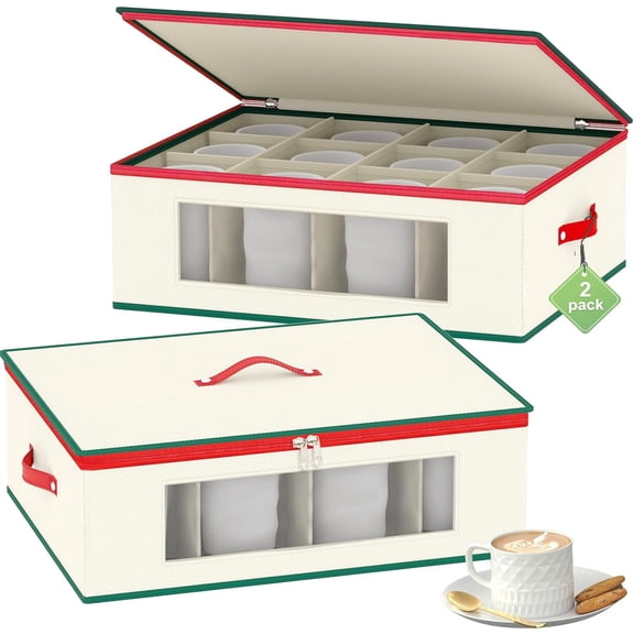 Mug Storage Box Organizer, China Cup Storage Containers with Dividers, 2 Pack Hard Shell for 24 Tea Cups and Coffee Mugs