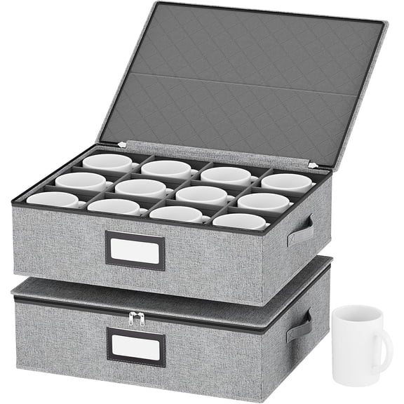 Mug Storage Box with Dividers, China Coffee Mug Storage Containers Holder Organizer Hard Shell, Service for 24 Coffee Mugs or Tea Cups (Grey)