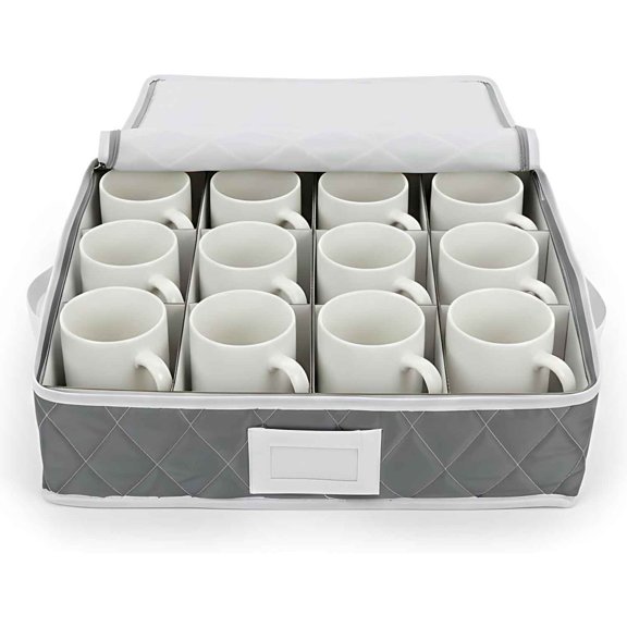 Mug Storage Organizer Woven Fabric Storage Box with Lid Stackable Cup Container for Kitchen, Cabinets, Glasses and Teacups