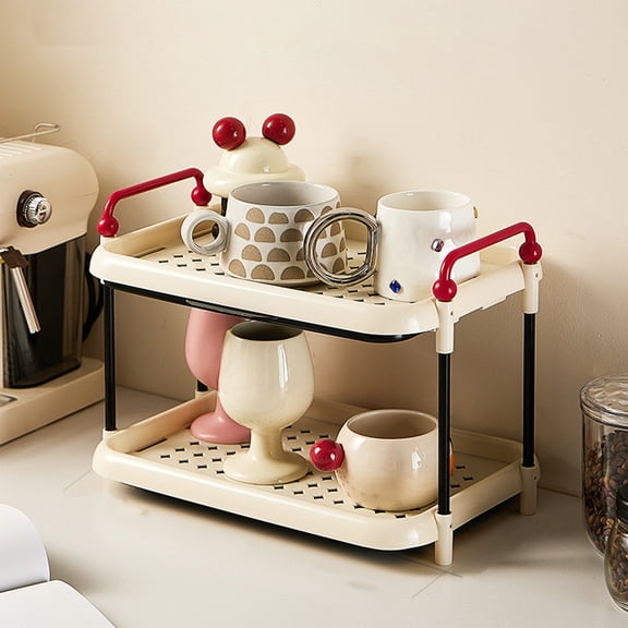 Mug Storage Shelf Desktop Cup Organizer - Cream Kitchen Cup Holder, Plastic Teacup Drainer, Sideboard Display Rack for Coffee Mugs, Bowls, and Small Items, Red