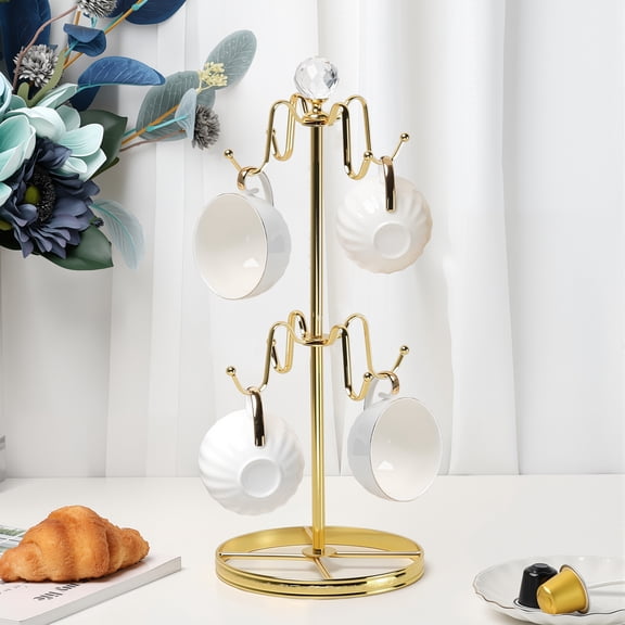 Mug Tree Coffee Cup Holder for Counter Top 8 Hooks(Gold) ,Double Tier Mug Tree for Counter with Crystal Ball for Small-Space,Mug Stand Tree Countertop with Patterned Base Rim
