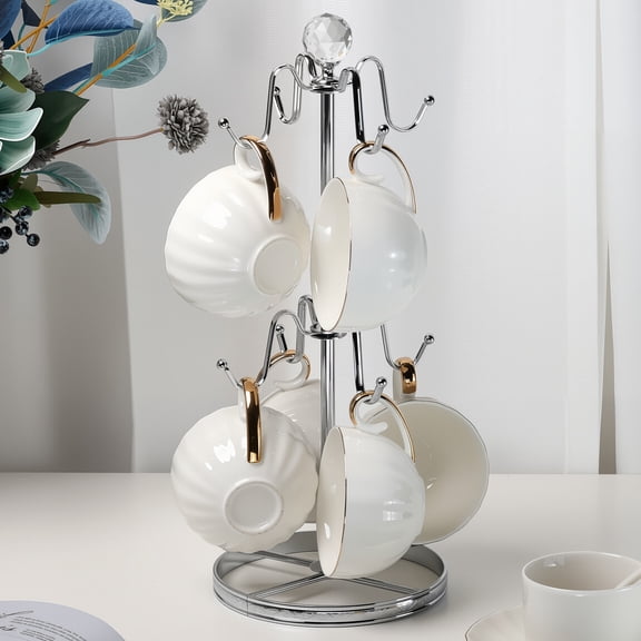 Mug Tree Coffee Cup Holder for Counter Top 8 Hooks(Silver) | Double Tier Mug Tree for Counter with Crystal Ball for Small-Space,Mug Stand Tree Countertop with Patterned Base Rim