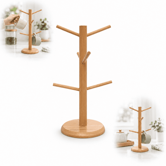 Wood Mug Tree Stand, 13.78 in 6-Hook Coffee Cup Holder, Natural