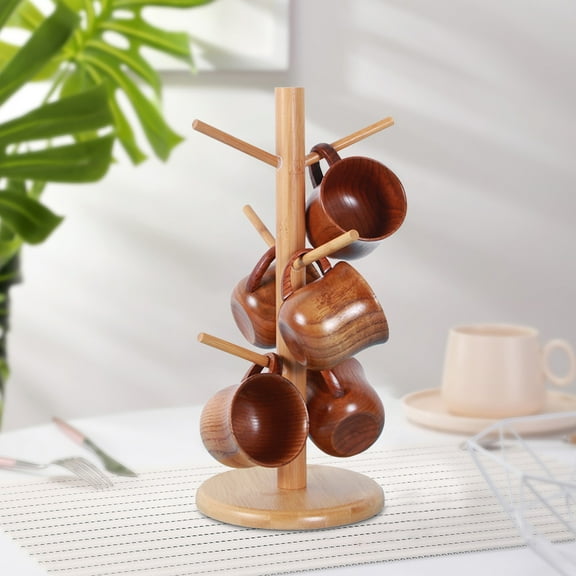 Mug Tree Stand Coffee Cup Holder | Wooden Countertop Organizer for Mugs Glasses Bottles | Khaki | Space-Saving Storage Rack with Non-Slip Base | 36x16x16cm | Kitchen Decor Accessory