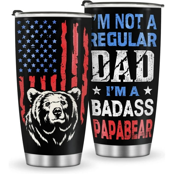 Mug Tumbler Gifts for Dad - Presents for Papa Daddy Fathers Day Birthday from Daughter Son Wife American Flag Bear Coffee Tumbler 20oz Stainless Steel Us Flag Cup for Grandfather Husband Men