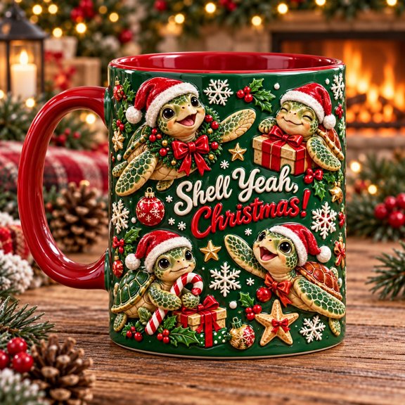 Mug Turtle Christmas Santa Hat and Holly Ceramic Coffee Cup for Holiday Gifts