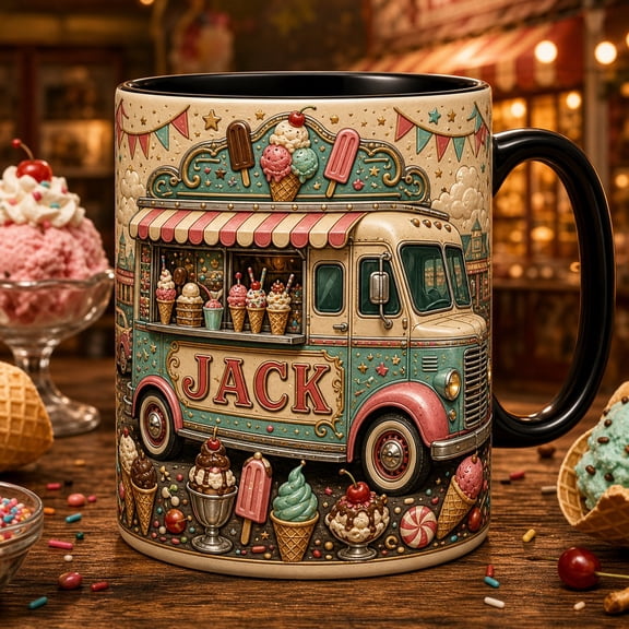 Mug Vintage Ice Cream Truck Ceramic Coffee Cup for Desk or Kitchen Retro Dessert Fans