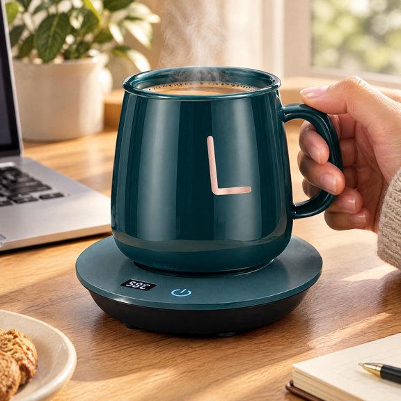 Mug Warmer for Desk, Green Ceramic Cup Warmer Set with Touch Control, 3-Speed Smart Heating Coaster for Tea, Milk & Baby Formula