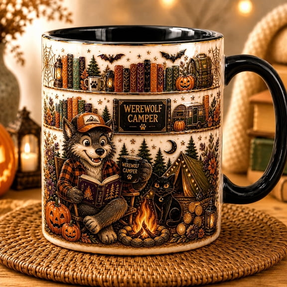 Mug Werewolf Camper Halloween Coffee Cup for Campfire Mornings, Gift for Campers