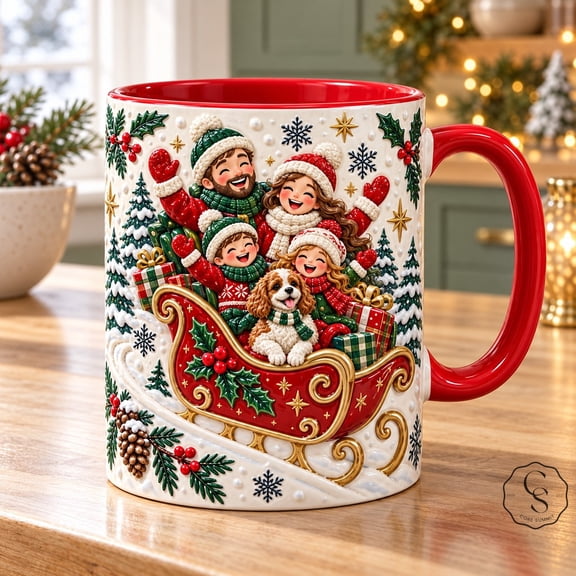 Mug with Christmas Family Sleigh Scene for Holiday Cocoa, Festive Keepsake Gift