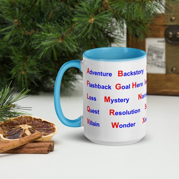 Mug with Color Inside ABC's of Writing Novels - Prevent Writer's Block (Blue, 15 oz)