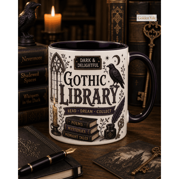 Mug with Gothic Library Raven Design for Coffee Reading Book Lovers