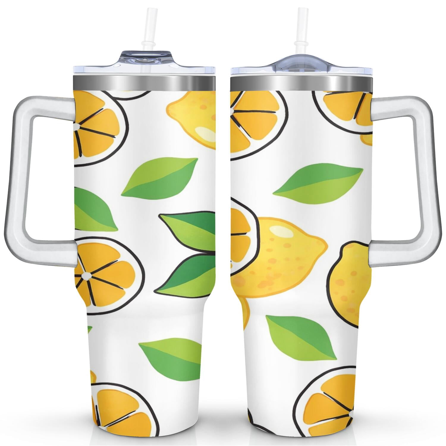Mug with Handle and Straws 40 oz Stainless Steel Lemon Slices Travel Mug Birthday Present for Men Dad Son Husband Gifts for Him/Her Coffee Mugs