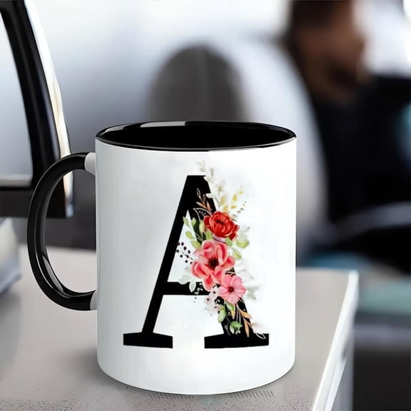 Mug with Initials Ceramic Mug with Letter and Flowers Coffee Mug with Initials Black Cup Birthday Women Boyfriend Personalised Gifts Birthday