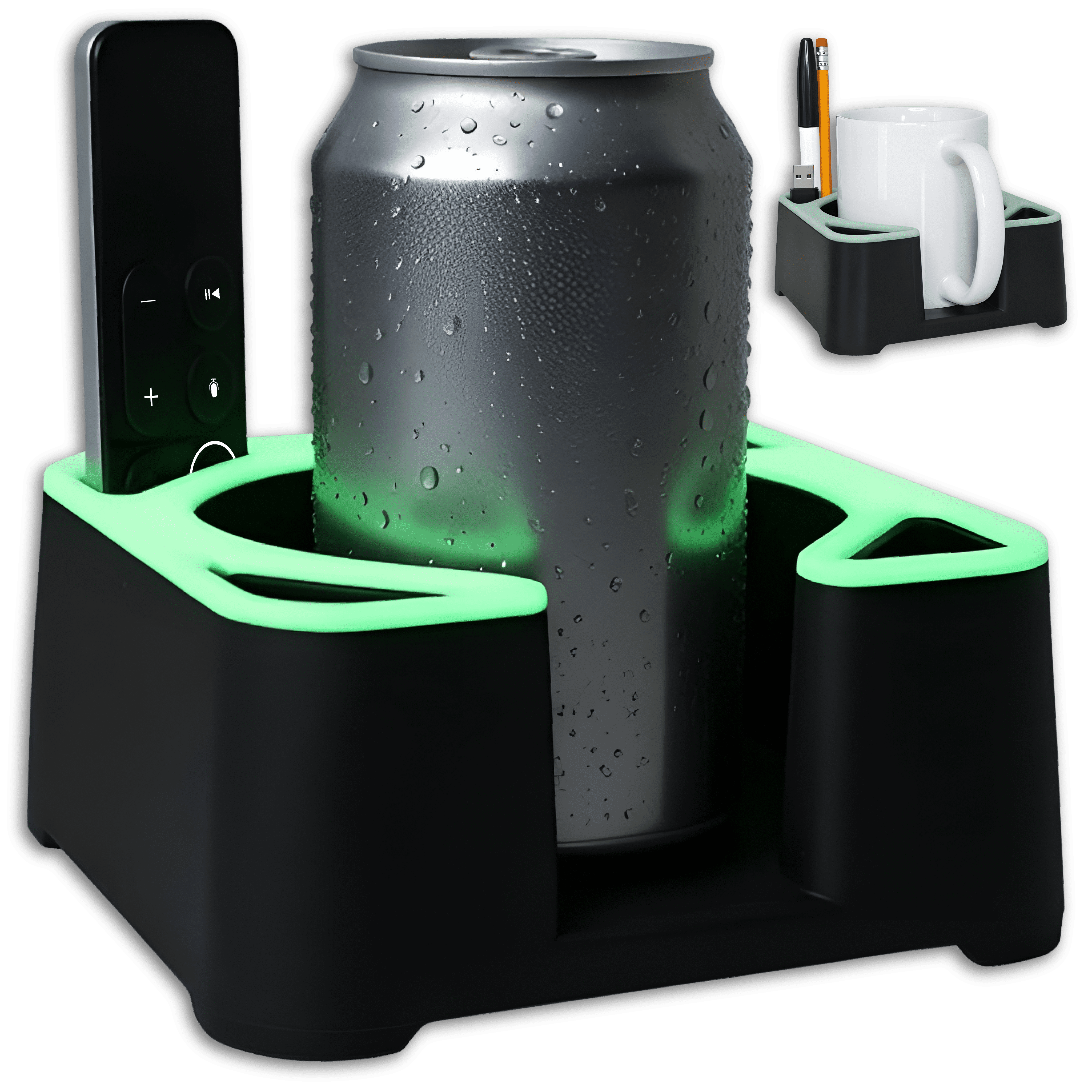 MugBrick Glowing Portable Silicone Cup Holder for Bed, Couch, Nightstand. Dishwasher Safe, Non-Spill Drink Holder for Bedside Table, Ottoman. Blasck + Green Glow