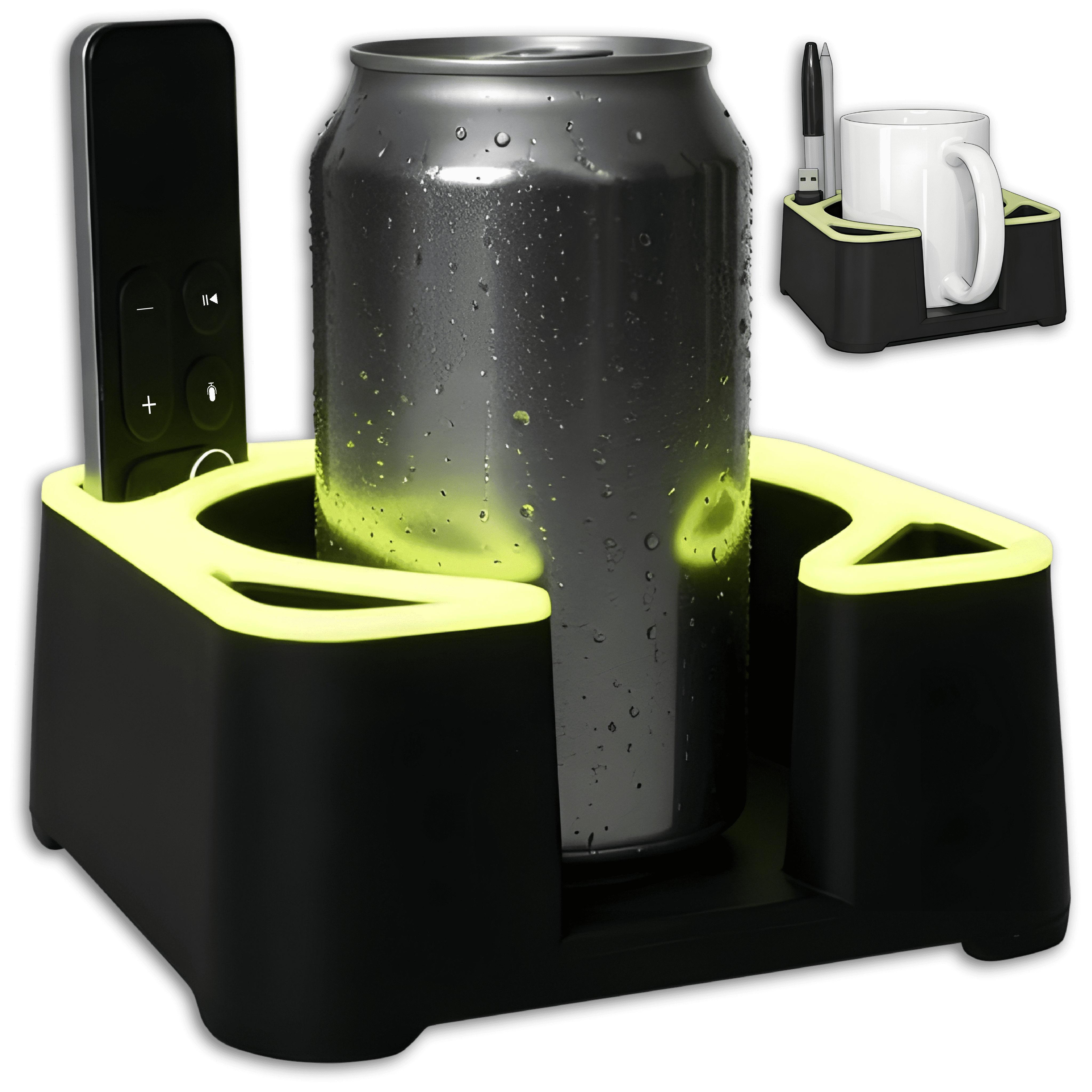 MugBrick Glowing Portable Silicone Cup Holder for Bed, Couch, Nightstand. Dishwasher Safe, Non-Spill Drink Holder for Bedside Table, Ottoman. Black + Yellow Glow