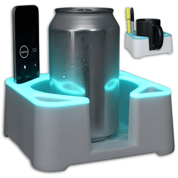 MugBrick Glowing Portable Silicone Cup Holder for Bed, Couch, Nightstand. Dishwasher Safe, Non-Spill Drink Holder for Bedside Table, Ottoman. White + Blue Glow