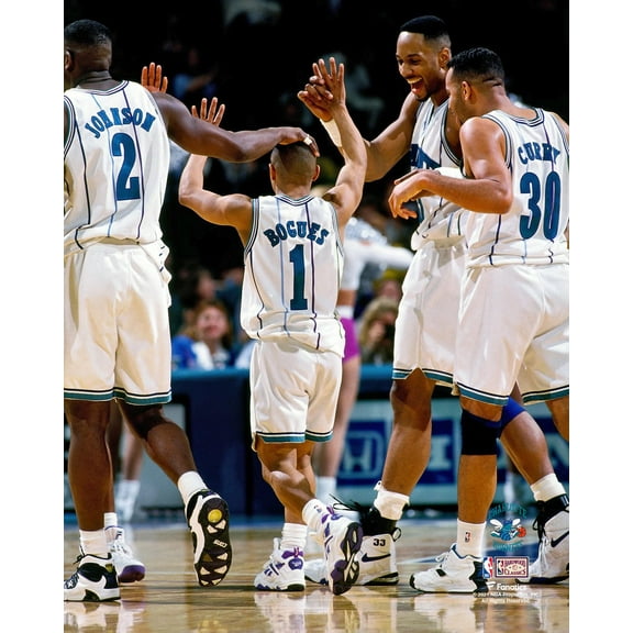 Muggsy Bogues Charlotte Hornets Unsigned Hardwood Classics Teammate Celebration Photograph