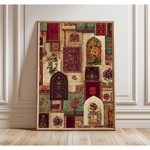 Mughal Arch Collage Poster, Persian-Inspired Wall Art with Ornate Textures and Jewel Tones, Bohemian Print for Cultural Home Decor 12x18 UNFRAMED