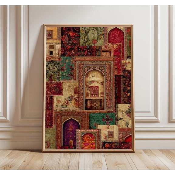 Mughal Arch Collage Poster, Persian-Inspired Wall Art with Ornate Textures and Jewel Tones, Bohemian Print for Cultural Home Decor 8x12 UNFRAMED