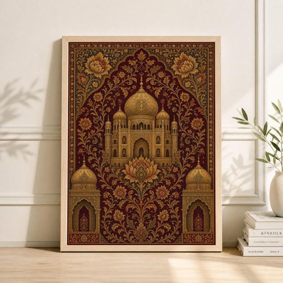 Mughal Arch With Brocade Gold Floral Decor Botanical Wall Art Poster , Poster Print Only