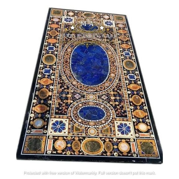Mughal Art-Inspired Black Marble Table Inlaid with Semi-Precious Stones – Elegant Furniture for Home & Office, Dining & Coffee Table Tops-30x60 Inch