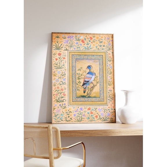Mughal Bird And Flowers Miniature Unframed Paper Print