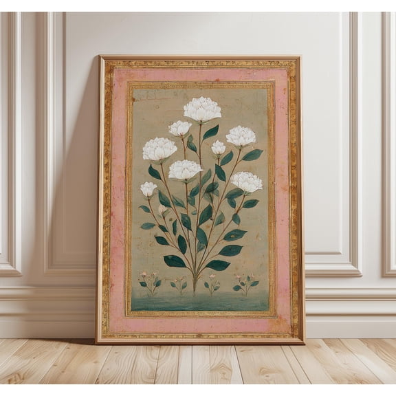 Mughal Botanical Wall Art Print, White Lotus Flower Poster, Vintage Indian Floral Painting, Traditional Heritage Decor, Poster Only