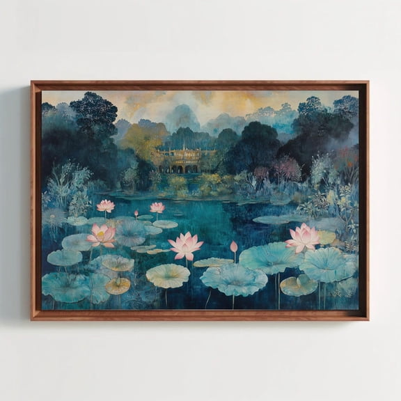 Mughal Lotus Garden Canvas – Blue & Gold Indian Palace Wall Art | Taj Mahal Inspired Floral Painting | Luxury Water Lily Home Decor, Stretched Canvas Size 12x18