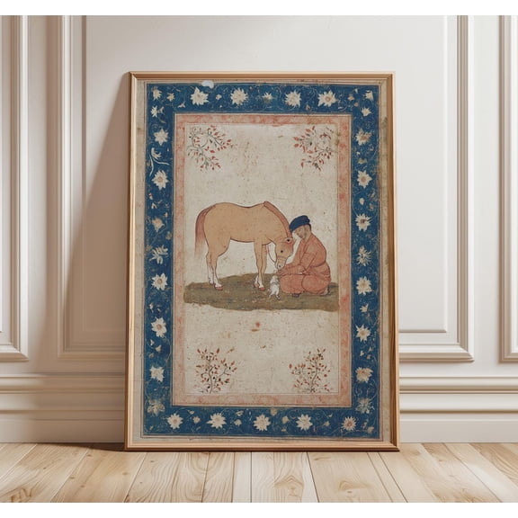 Mughal Man and Horse Miniature Poster Unframed Paper Print