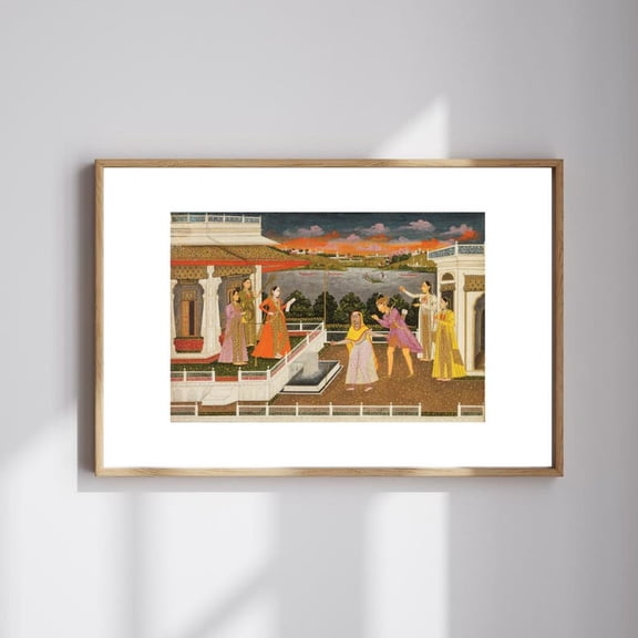 Mughal Palace Terrace Scene – Indian Miniature Art Print, Vintage Desi Wall Decor 12x18 UNFRAMED