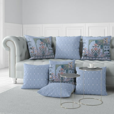 Mughal Paradise Faux Suede Throw Fabric Pillow with Zip in Blue 18x18