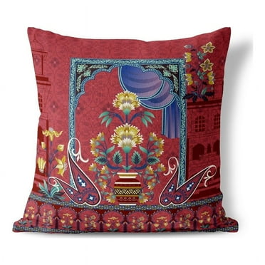 Mughal Paradise Throw Pillow with Removable Cover in Red 16x16